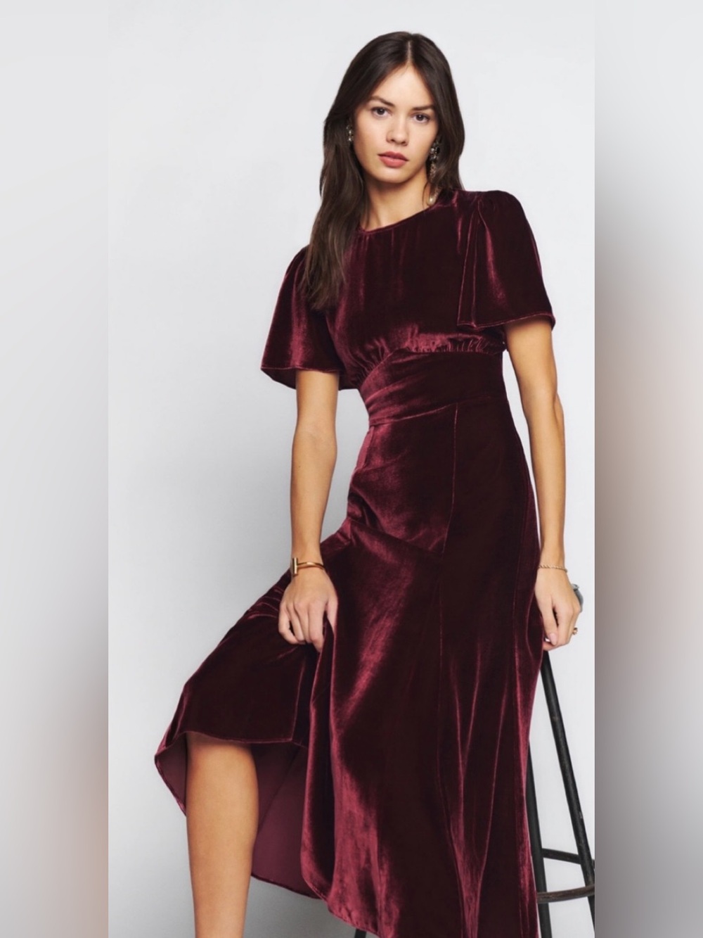 Timeless London Burgundy Velvet Square Neck Puff Sleeve Midi Dress Sz 4 RGD8071